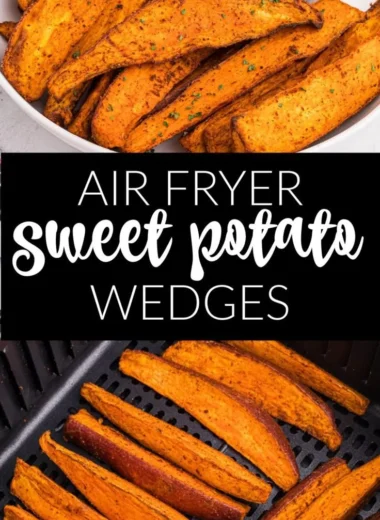 Crispy air fryer sweet potato wedges served on a plate with dipping sauce