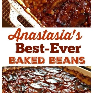 Bowl of Anastasia's best-ever baked beans with flavorful ingredients.