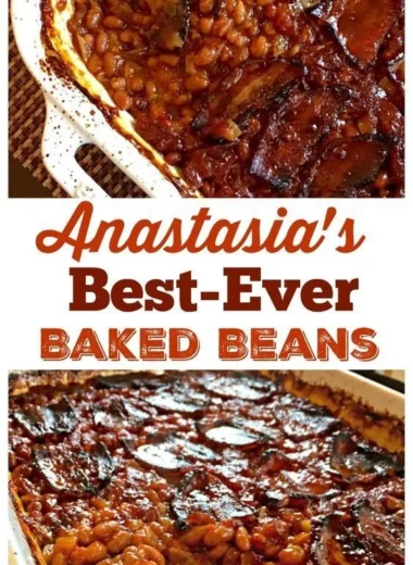 Bowl of Anastasia's best-ever baked beans with flavorful ingredients.