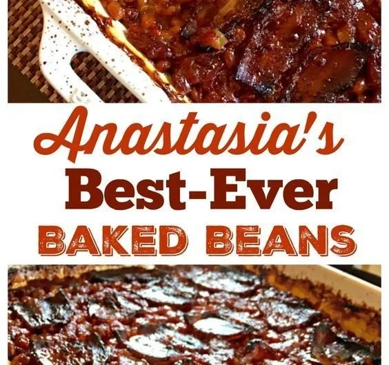 Bowl of Anastasia's best-ever baked beans with flavorful ingredients.