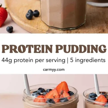 Delicious homemade Chocolate Protein Pudding in a bowl with toppings