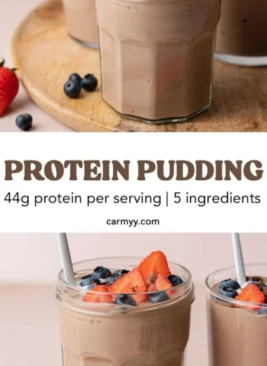 Delicious homemade Chocolate Protein Pudding in a bowl with toppings