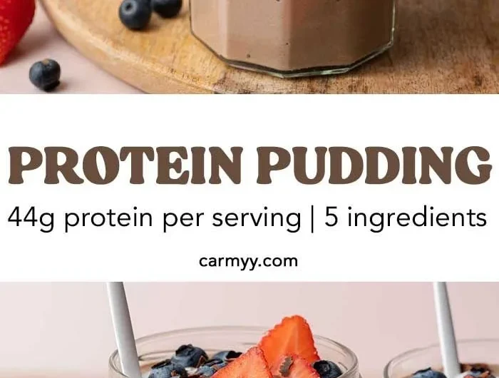 Delicious homemade Chocolate Protein Pudding in a bowl with toppings