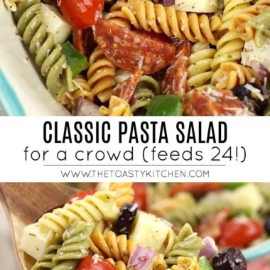 Bowl of classic pasta salad with fresh vegetables and dressing