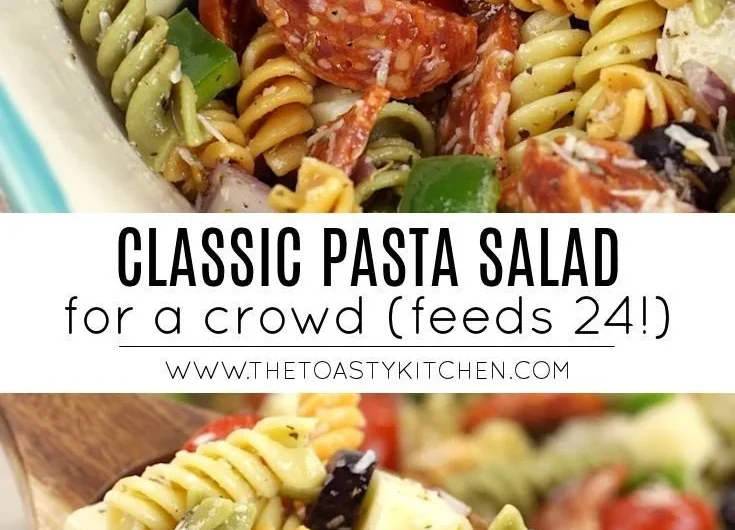 Bowl of classic pasta salad with fresh vegetables and dressing
