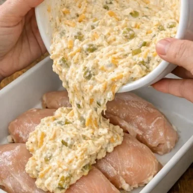 Plate of creamy baked chicken garnished with herbs