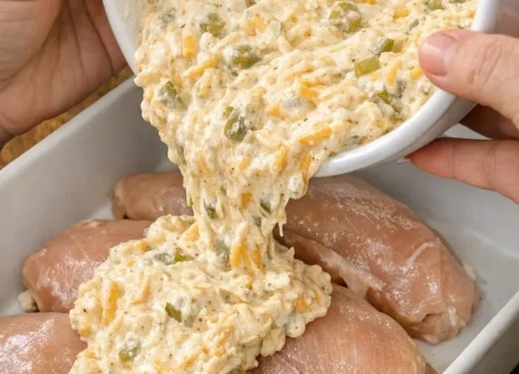Plate of creamy baked chicken garnished with herbs