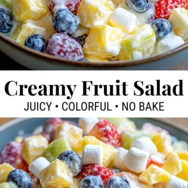 Bowl of creamy fruit salad with mixed fruits and a light dressing