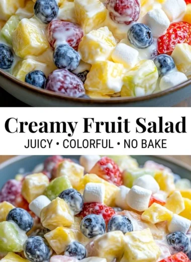 Bowl of creamy fruit salad with mixed fruits and a light dressing