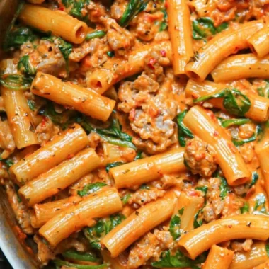 Creamy sausage rigatoni with spinach and tomato cream sauce in a bowl