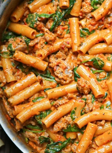 Creamy sausage rigatoni with spinach and tomato cream sauce in a bowl