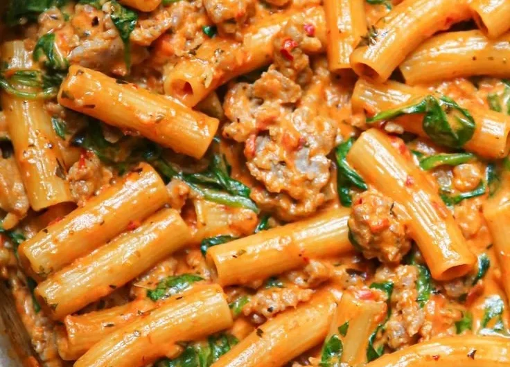 Creamy sausage rigatoni with spinach and tomato cream sauce in a bowl