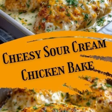 Creamy sour cream chicken bake served in a casserole dish