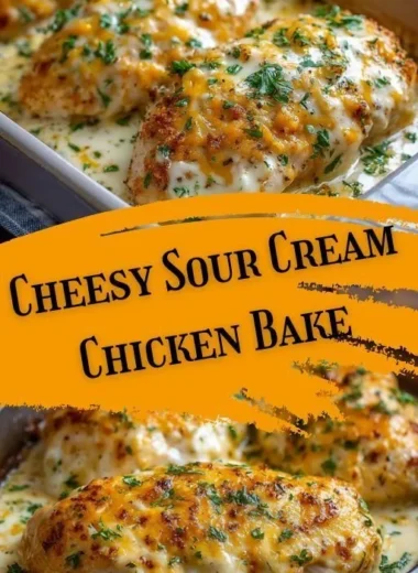 Creamy sour cream chicken bake served in a casserole dish