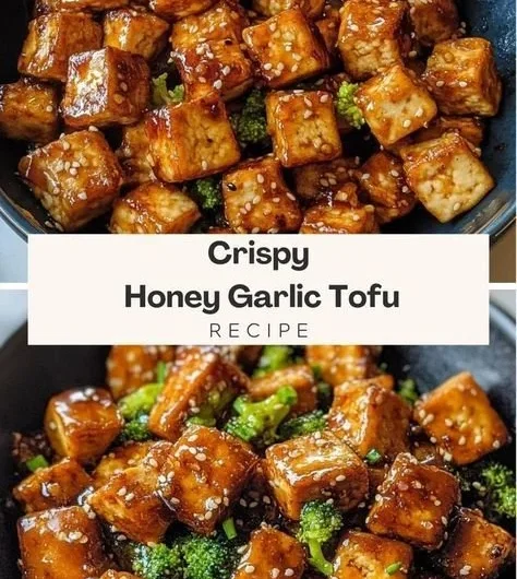 Crispy honey garlic tofu served with vegetables on a plate.