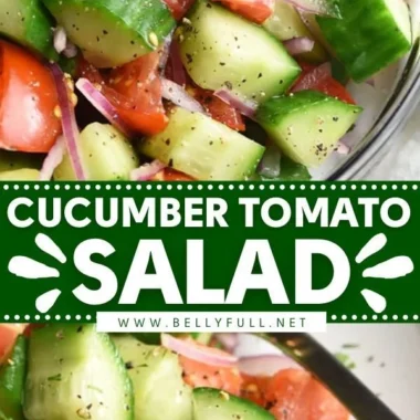 Colorful cucumber tomato salad with fresh herbs and dressing