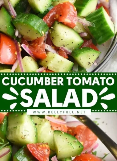 Colorful cucumber tomato salad with fresh herbs and dressing