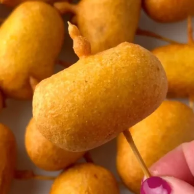 Homemade mini corndogs served on a plate with dipping sauce