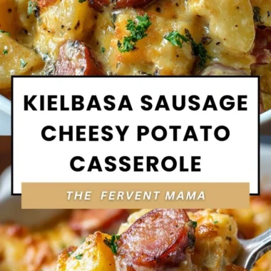Cheesy potato kielbasa casserole baked in a dish, garnished with herbs.