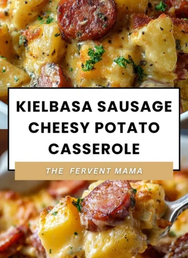 Cheesy potato kielbasa casserole baked in a dish, garnished with herbs.