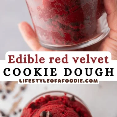 Delicious red velvet edible cookie dough in a bowl with chocolate chips