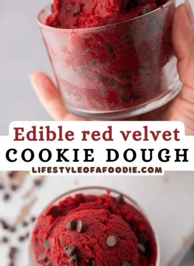 Delicious red velvet edible cookie dough in a bowl with chocolate chips