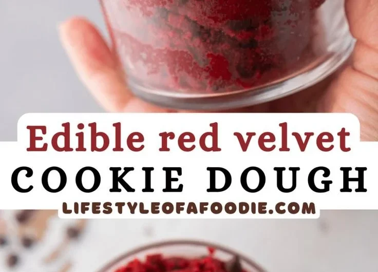Delicious red velvet edible cookie dough in a bowl with chocolate chips