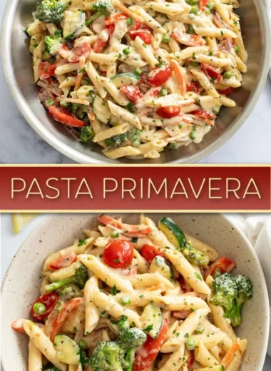 Delicious plate of Spring Pasta with fresh vegetables and herbs