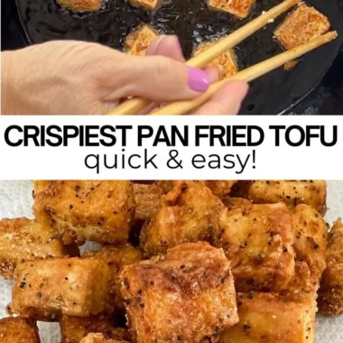 Ultimate crispy pan-fried tofu on a plate garnished with herbs