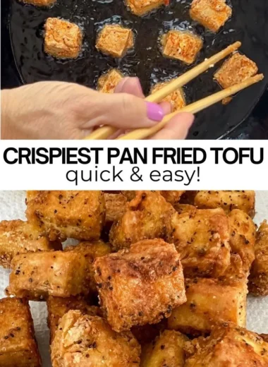 Ultimate crispy pan-fried tofu on a plate garnished with herbs