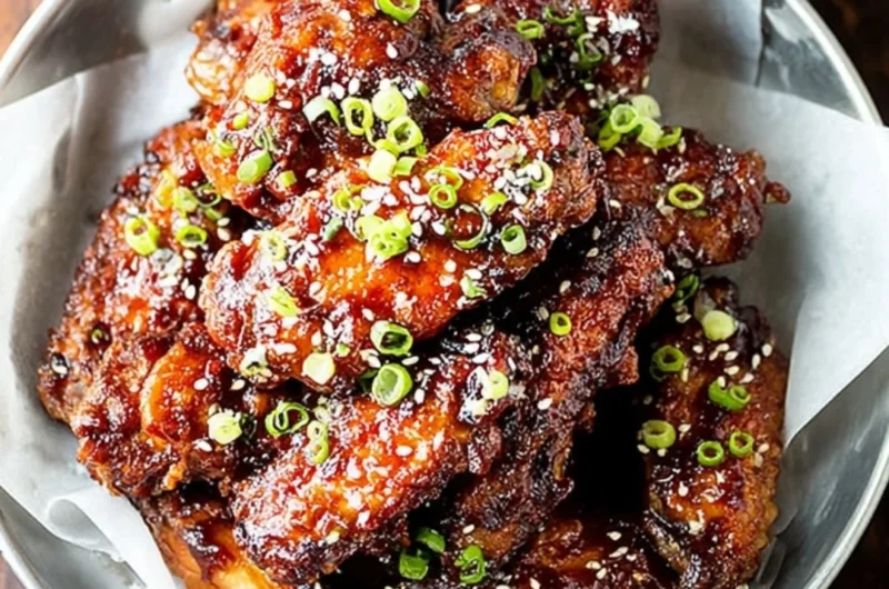 Air Fryer Korean Chicken Wings garnished with sesame seeds and green onions.