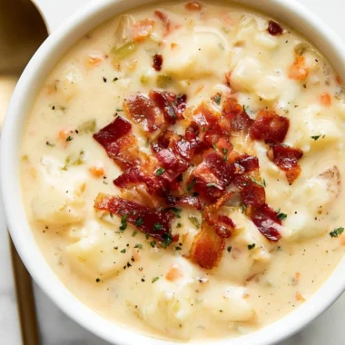 Bowl of creamy bacon potato soup topped with crispy bacon bits and herbs