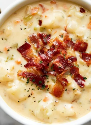 Bowl of creamy bacon potato soup topped with crispy bacon bits and herbs