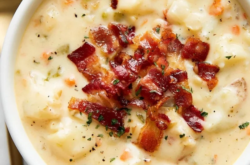 Bowl of creamy bacon potato soup topped with crispy bacon bits and herbs