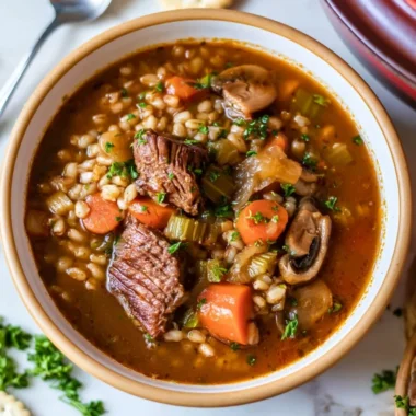 A comforting bowl of beef barley soup filled with tender beef and barley grains.