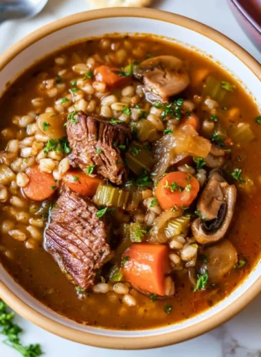A comforting bowl of beef barley soup filled with tender beef and barley grains.