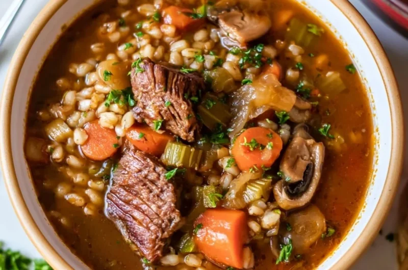 A comforting bowl of beef barley soup filled with tender beef and barley grains.