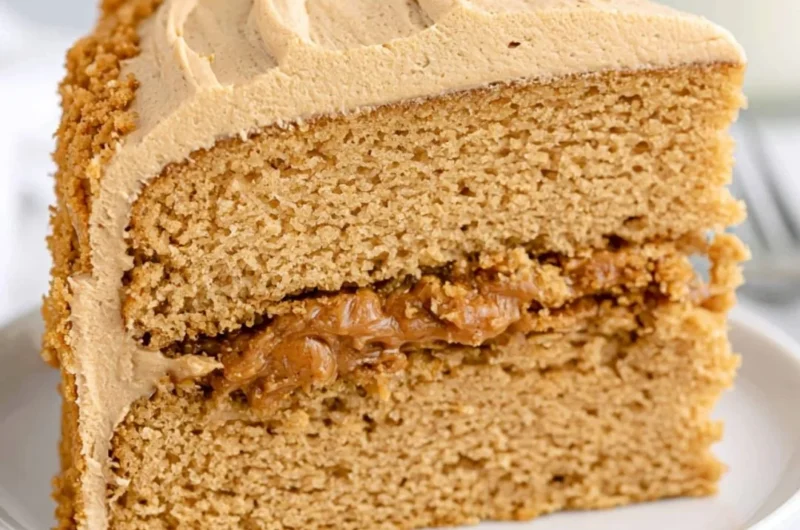 Delicious Biscoff cake topped with creamy frosting and cookie crumbs.
