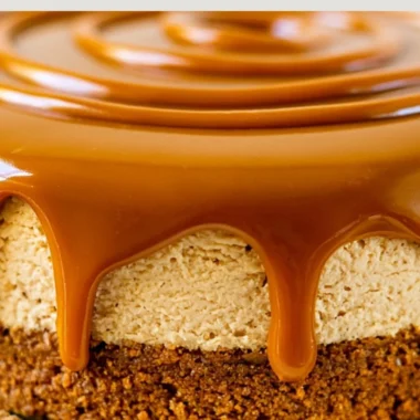 Delicious Biscoff Cheesecake topped with caramel drizzle and cookie crumbles