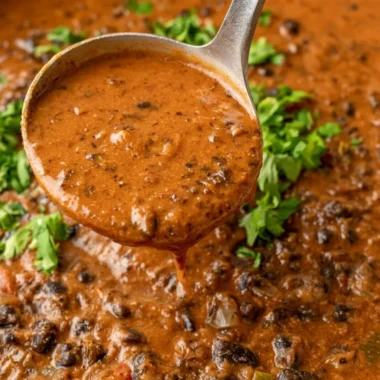 Bowl of homemade black bean soup topped with cilantro and avocados