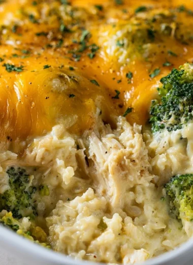 Cheesy broccoli chicken and rice casserole served in a dish