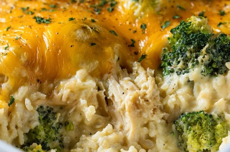 Cheesy broccoli chicken and rice casserole served in a dish