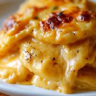 Baked cheesy scalloped potatoes topped with melted cheese and herbs