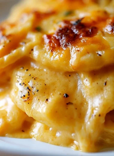 Baked cheesy scalloped potatoes topped with melted cheese and herbs