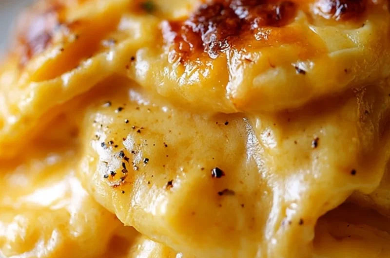 Baked cheesy scalloped potatoes topped with melted cheese and herbs