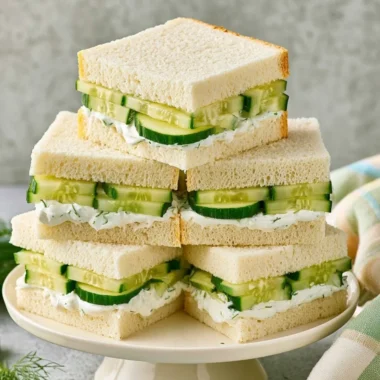 Platter of classic cucumber sandwiches with cream cheese on white bread