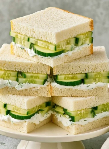 Platter of classic cucumber sandwiches with cream cheese on white bread