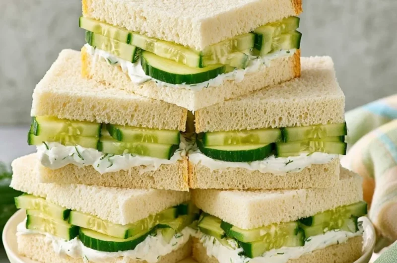 Platter of classic cucumber sandwiches with cream cheese on white bread