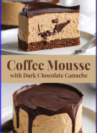 Coffee mousse dessert topped with dark chocolate ganache