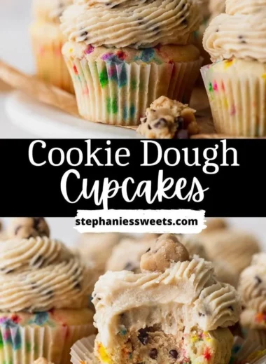 Delicious Cookie Dough Cupcakes topped with cookie dough frosting